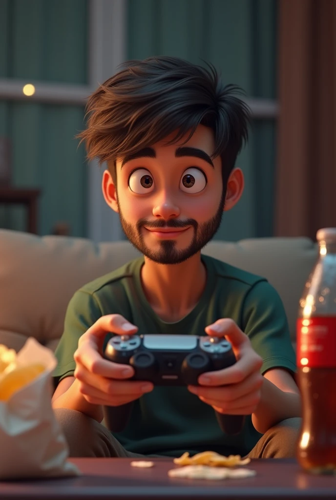 young small man with a few stubbles with Playstation 5 controller in his hand and next to him a bag of chips and a bottle of Coke 