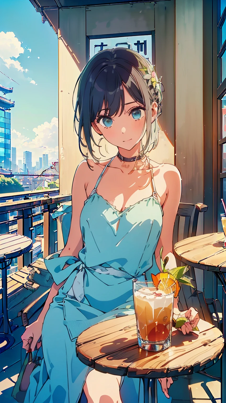 (Highest quality:1.4、masterpiece:1.4、Very detailed:1.4、Ultra-high resolution:1.4、8k:1.4)、Completely naked、Beautiful nipples、The body is slim、Big Breasts、((((1 person、Surprised expression、sit、Chair、In the background you can see the urban buildings of Tokyo.、Looking into the camera、Outdoor cafe terrace、juice、table、Let&#39;s get closer and take a photo、Shooting from an angle、Very cute face))))、((((nude、very beautiful areola))))、(Pose with hands behind ears:1.4、Place your cheek on your hand:1.4)、Very blue sky、cloudless sky