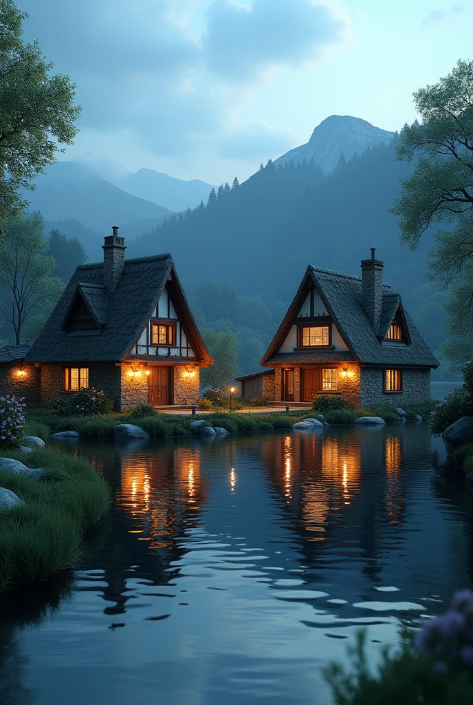 two country houses in the middle of a river, lamps, ultra-realistic 8k