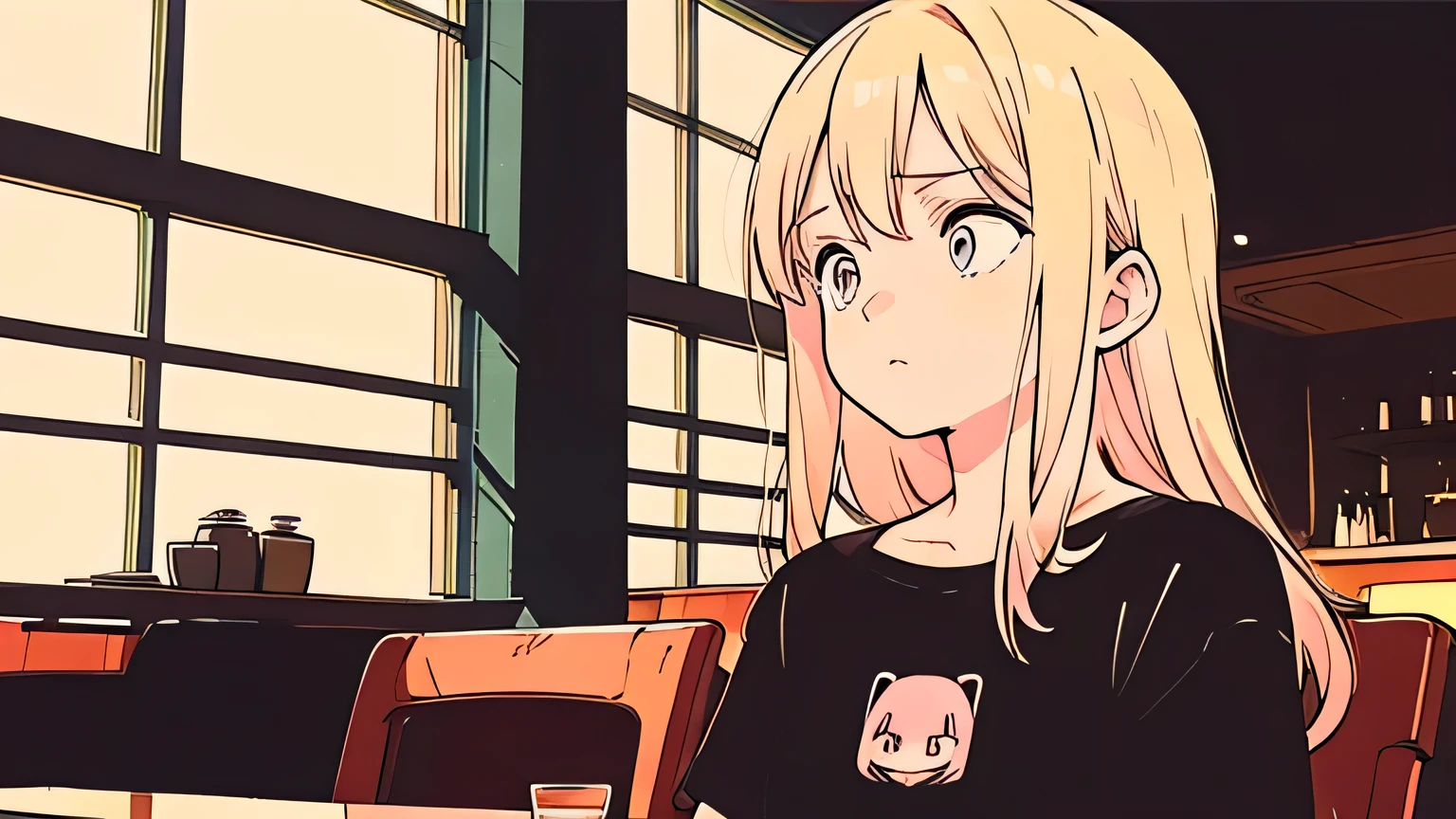 (low contrast), (lo-fi), (cowboy shot, 1 girl, blond hair, black t-shirts), (calm cafe, pink lighting)