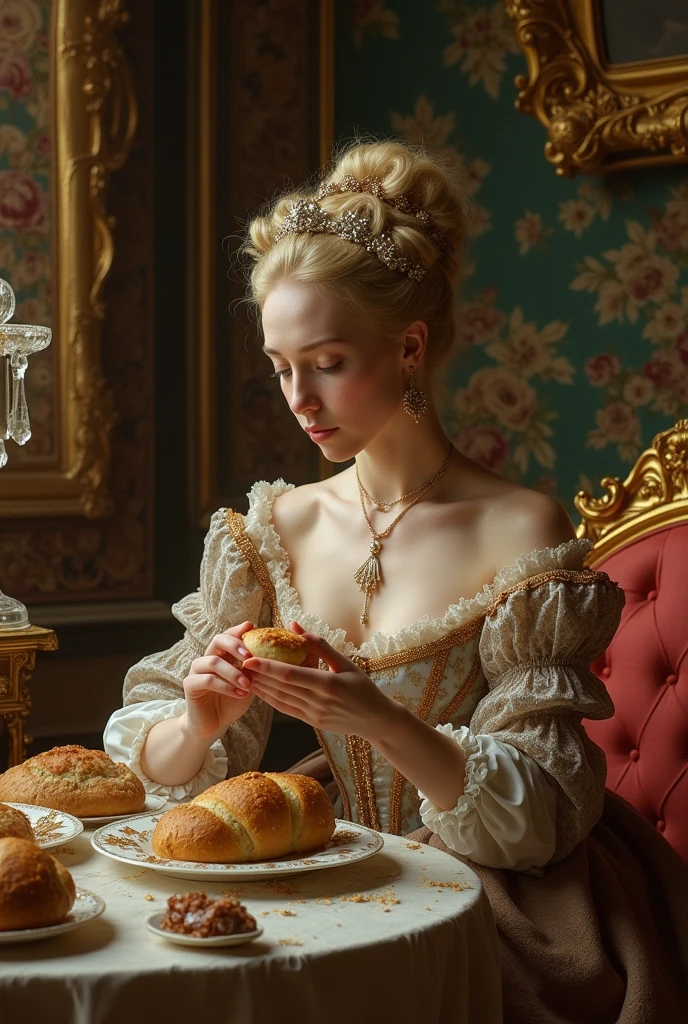 pleading eyes, pleading expression, (sky blue with white lines and golden hair aesthetic), pale, standing, Valyrian blonde, wavy hair, apron on nude body, cooking outfit, large breasts, colourful castke drowning in swamp, big boobs, full body covered in Tzeentchian jewellery, perfect body 19th century painting nymph, expressive, (surrounded by tables with cakes and flowers), (ornate Rococo), (Victorian), (Pre-Raphaelite Beauty), detailed portrait, playful 18 yo teen, detailed cute face, freckles, dream, dreamy eyes, innocent shy maiden, (Elegant Perfectionism)