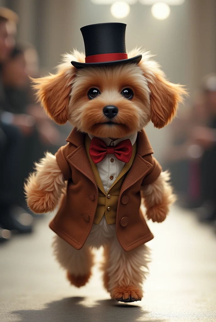 Create a scene where an adorable purebred puppy is dressed in a fashionable outfit using a stocking and bow tie in the latest color, and a top hat on his head in fashionable couture and a matching hat on his head as he walks confidently down the runway, smiling, showing off his ultra-realistic fashion sense. camera in motion