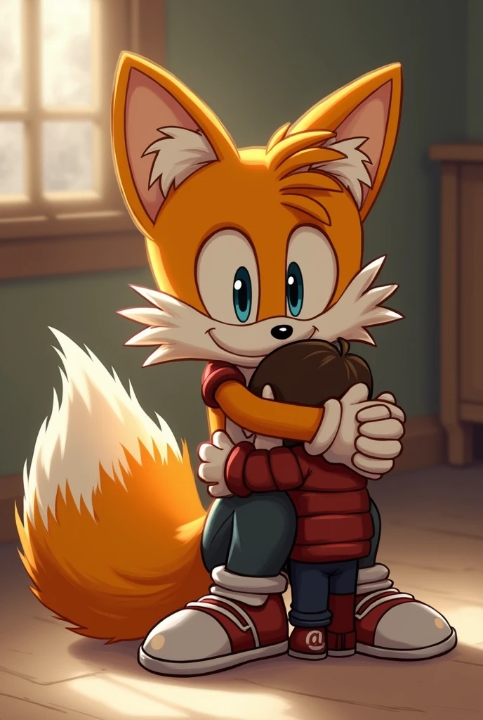 Tails hugging a younger boy with his shoes and gloves on tight