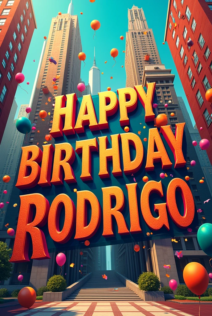 Birthday poster that literally says: "Happy birthday Rodrigo". Remember that he is a man and an architect. Be creative with the graphic elements but don't use any human characters.. What does a birthday poster look like that is quite maximalist in the festive decorations?