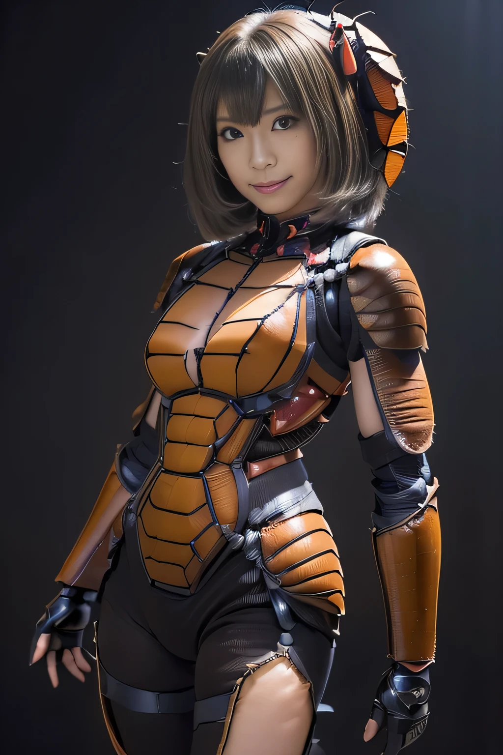 (high resolution,masterpiece,best quality,extremely detailed CG, anime, official art:1.4), realistic, photo, amazing fine details, all intricate, gloss and shiny,awesome many layers, 8k wall paper, 3d, sketch, kawaii, illustration,( solo:1.4), perfect female proportion,villainess, (fusion of dark brown cockroach and lady:1.4), (brown cockroach form lady:1.2), (brown cockroach lady:1.2), (fusion:1.2), (solo:1.4), (evil smile:1.2), muscular, abs, (cockroach brown exoskeleton bio insect suit:1.4), (cockroach brown exoskeleton bio insect armor:1.2), (brown transparency cockroach wing:1.4), (brown cockroach antennae:1.3),
