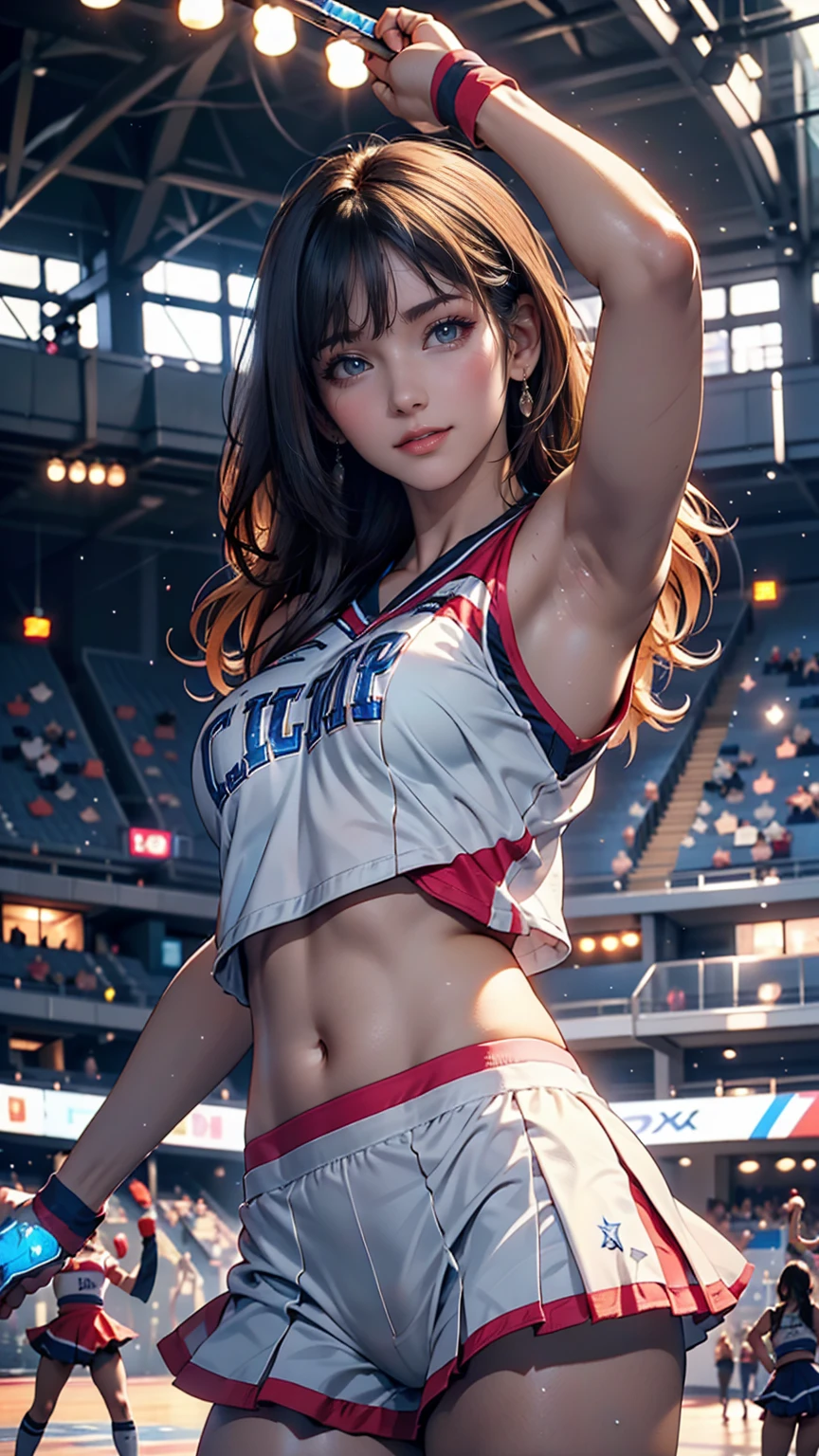 Cheerleader,A small smile,cheer leading,Cheerleader uniform, (((masterpiece))), (((Highest quality))), ((Very detailed)), (figure), ((Very delicate and beautiful)),(Bokeh,Blurred Background),(Best Shadow), One person,White panties, Black Hair, Long Hair, cute,cute,change, Shining highlight spots around the eyes, Character Focus,Tilt your head,