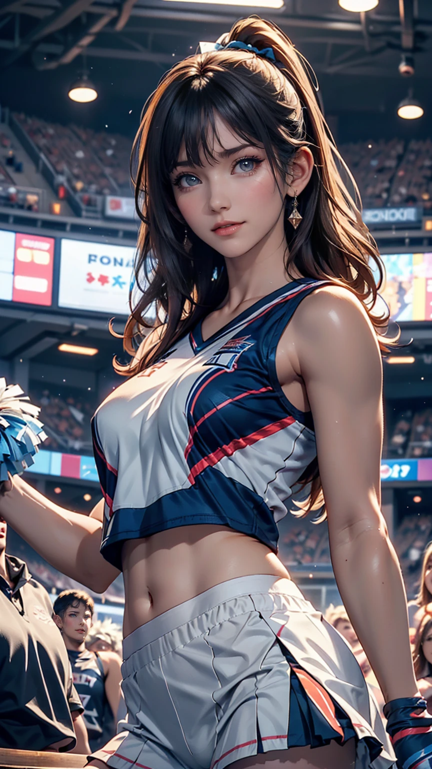 Cheerleader,A small smile,cheer leading,Cheerleader uniform, (((masterpiece))), (((Highest quality))), ((Very detailed)), (figure), ((Very delicate and beautiful)),(Bokeh,Blurred Background),(Best Shadow), One person,White panties, Black Hair, Long Hair, cute,cute,change, Shining highlight spots around the eyes, Character Focus,Tilt your head,