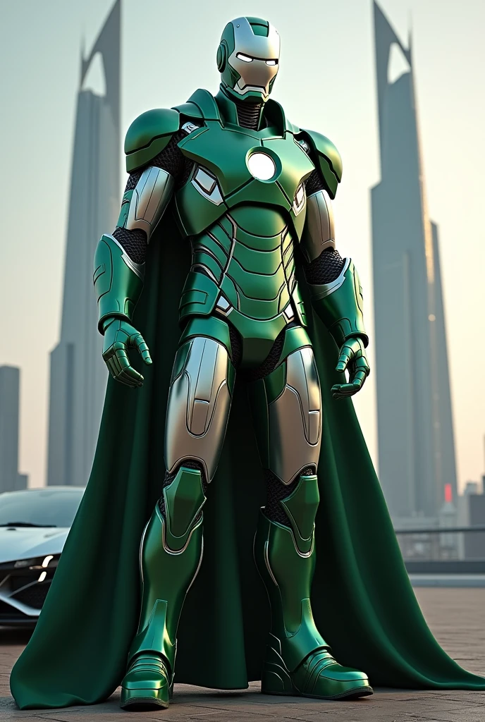 Iron man in doctor doom costume with 3 skyscraper behind and a car