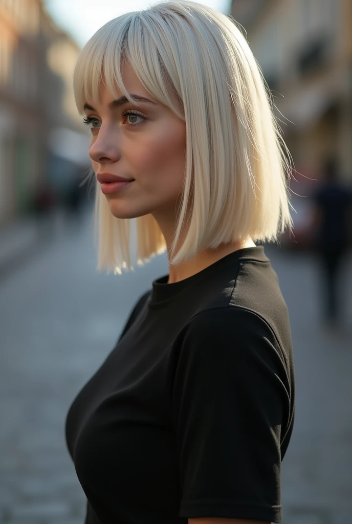 Side view,(8k, RAW Photos, Highest quality, masterpiece:1.2),Natural light,Small breasts,(Real human skin,Detailed skin:1,4),Upper body photo,((Flat Hair,Straight short bob hair,Bleached Hair,Transparent bangs:1,6)),Black Shirt,black eye、beautiful、Realistic skin texture、Street Snap、