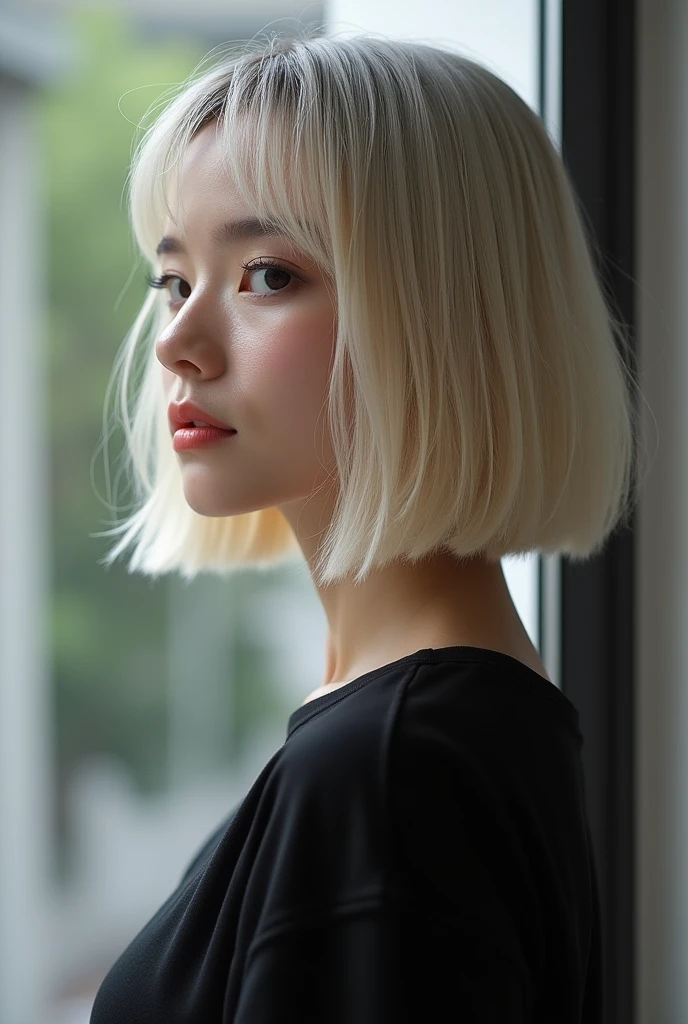 Side view,(8k, RAW Photos, Highest quality, masterpiece:1.2),Natural light,Small breasts,(Real human skin,Detailed skin:1,4),Upper body photo,((Flat Hair,Straight short bob hair,Bleached Hair,Transparent bangs:1,6)),Black Shirt,black eye、beautiful、Realistic skin texture、Street Snap、