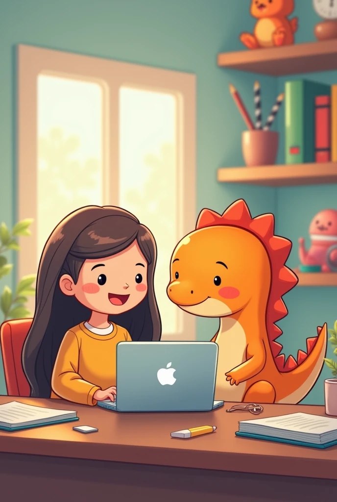 create a cute chubby  dinosaur working with marketing very cute, chubby guy working on a macbook, cute cartoon style