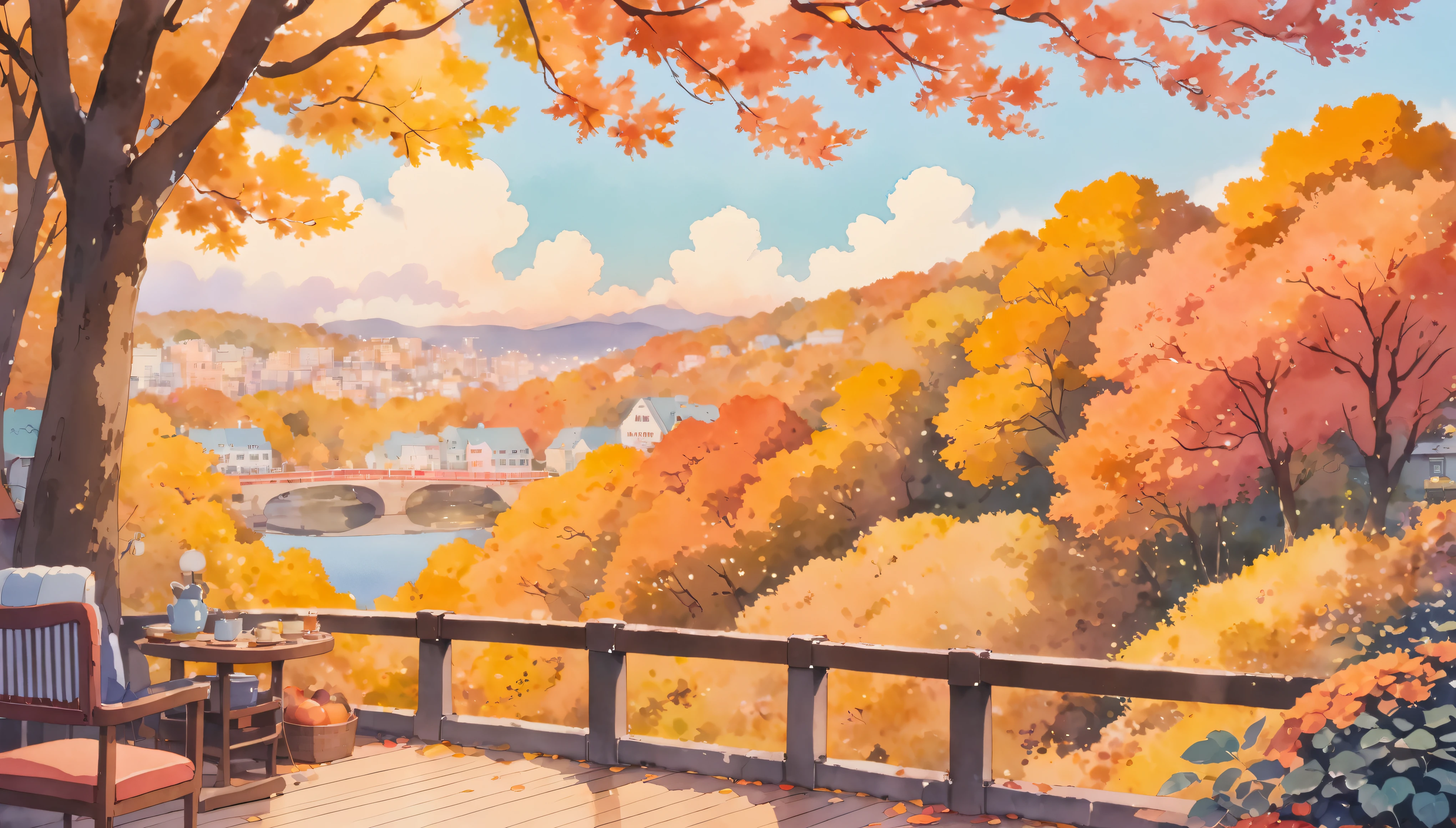 ultrawide Cozy autumn aesthetic fall,Studio ghibli inspired,Watercolor,no people,Lofi,Cute
