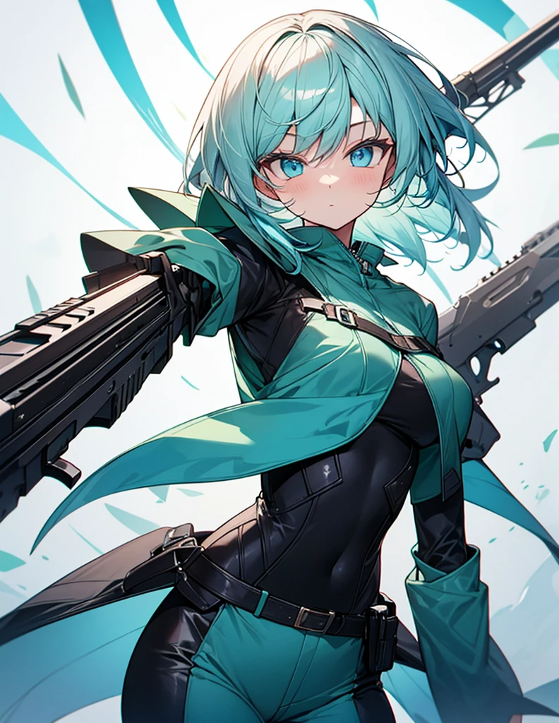 score_9, score_8_superior, score_7_superior, sauce_Anime BREAK 1 Girl, alone, Kilo, Green Eyes, Green Hair, Long Hair, hair band, Black Hair Ribbon, Fur trim, Grey leotard, black sleeves, Long sleeve, Black Skirt, pantyhose, gloves