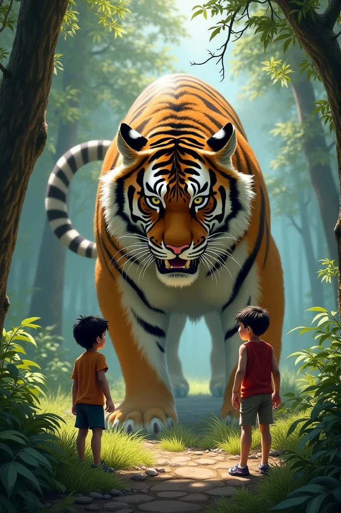 Two boy in the forest front in the tiger in attack