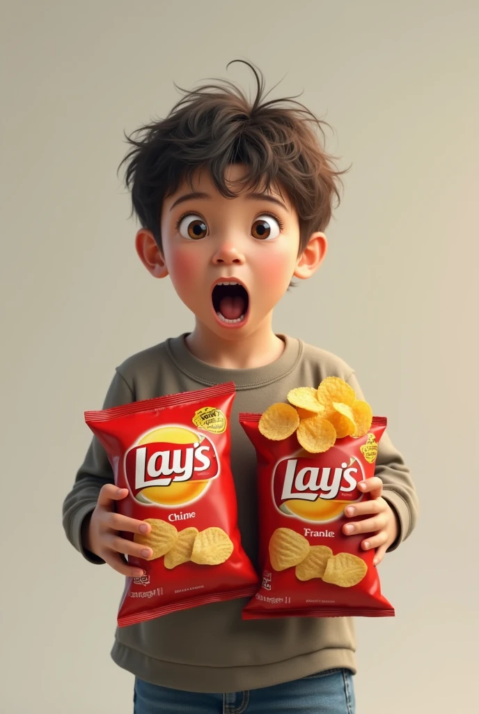 A shocked boy looking front and holding 2 chips pack in both hand