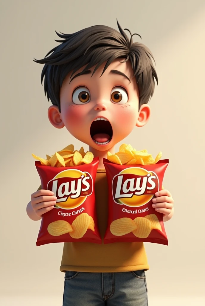 A shocked boy looking front and holding 2 chips pack in both hand
