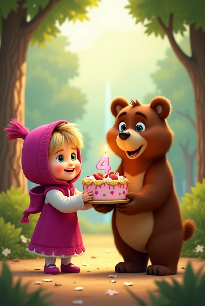 Masha and the Bear bring a birthday cake with a "4" candle on it.