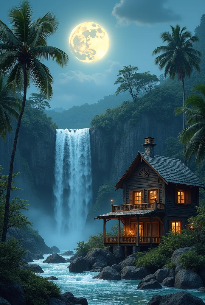 a wooden house, on the side a waterfall falling water, moon, palm trees, 8k, ultra-realistic