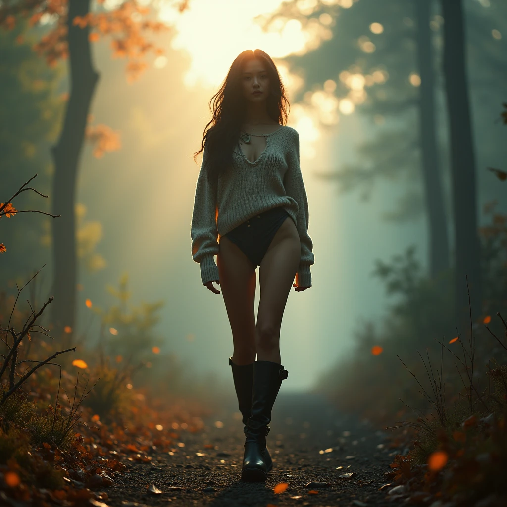 generate a master photograph describing a shapely Woman, a misty morning in a forest with rays of sunlight breaking through the trees, (8K, best quality), she has a physique like Zendaya, smile, brown hair, black hair, asian skin (big chest, small tiny waist, big breasts), walking down a path, her silhouette softened by the fog. She’s wearing a cozy sweater and boots, symbolizing the cool autumn weather. The mood is serene and reflective, with a hint of mystery, (She has sexy buttocks, Most sexy booty, Most sexy glutes), Womanly, Womancore, (She has fit hips, sexy hips, sexy fit hips, extremely sexy hips), (asian skin, glistening skin, beautiful complexion), shot on Fujifilm superia, (Studio soft light, high detail, cinematic lighting, rim lighting), Style: (hyperrealistic, by DynastySeries FashionNova, photo, {{{masterpiece photography}}}, analog photograph, professional fashion photoshoot, trending on artstation, synthwave, krrrsty), Quality: (photographed, masterpiece, highest resolution), Definition: (highres, sharp focus, 8k uhd, ultra photo-realistic resolution), Film: (80 mm, shot on portra 120, shot on Fujifilm), Resolution: (extremely detailed, (sharp focus:1.5), cinematic lighting, dramatic lighting, ultra photo-realistic), luxury: