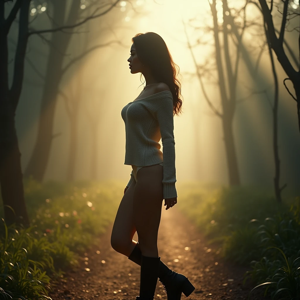 generate a master photograph describing a shapely Woman, a misty morning in a forest with rays of sunlight breaking through the trees, (8K, best quality), she has a physique like Zendaya, smile, brown hair, black hair, asian skin (big chest, small tiny waist, big breasts), walking down a path, her silhouette softened by the fog. She’s wearing a cozy sweater and boots, symbolizing the cool autumn weather. The mood is serene and reflective, with a hint of mystery, (She has sexy buttocks, Most sexy booty, Most sexy glutes), Womanly, Womancore, (She has fit hips, sexy hips, sexy fit hips, extremely sexy hips), (asian skin, glistening skin, beautiful complexion), shot on Fujifilm superia, (Studio soft light, high detail, cinematic lighting, rim lighting), Style: (hyperrealistic, by DynastySeries FashionNova, photo, {{{masterpiece photography}}}, analog photograph, professional fashion photoshoot, trending on artstation, synthwave, krrrsty), Quality: (photographed, masterpiece, highest resolution), Definition: (highres, sharp focus, 8k uhd, ultra photo-realistic resolution), Film: (80 mm, shot on portra 120, shot on Fujifilm), Resolution: (extremely detailed, (sharp focus:1.5), cinematic lighting, dramatic lighting, ultra photo-realistic), luxury: