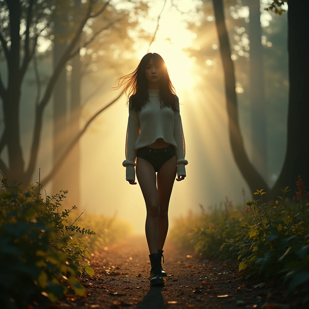 generate a master photograph describing a shapely Woman, a misty morning in a forest with rays of sunlight breaking through the trees, (8K, best quality), she has a physique like Zendaya,  smile, brown hair, black hair, asian skin (big chest, small tiny waist, big breasts), walking down a path, her silhouette softened by the fog. She’s wearing a cozy sweater and boots, symbolizing the cool autumn weather. The mood is serene and reflective, with a hint of mystery, (She has sexy buttocks, Most sexy booty, Most sexy glutes), Womanly, Womancore, (She has fit hips, sexy hips, sexy fit hips, extremely sexy hips), (asian skin, glistening skin, beautiful complexion), shot on Fujifilm superia, (Studio soft light, high detail, cinematic lighting, rim lighting), Style: (hyperrealistic, by DynastySeries FashionNova, photo, {{{masterpiece photography}}}, analog photograph, professional fashion photoshoot, trending on artstation, synthwave, krrrsty), Quality: (photographed, masterpiece, highest resolution), Definition: (highres, sharp focus, 8k uhd, ultra photo-realistic resolution), Film: (80 mm, shot on portra 120, shot on Fujifilm), Resolution: (extremely detailed, (sharp focus:1.5), cinematic lighting, dramatic lighting, ultra photo-realistic), luxury:    