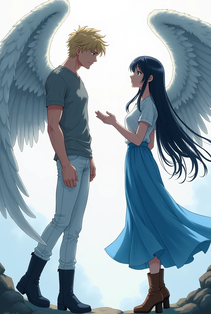 man, blond with brown eyes, beautiful body, gray t-shirt, white pants, Beautiful face, black boots, Large angel wings, stretches out his hands to a girl with black long hair, blue eyes, in a white shirt and a long blue skirt, with brown boots, with large English wings., anime art, masterpiece, realistically, professional photo , super detail