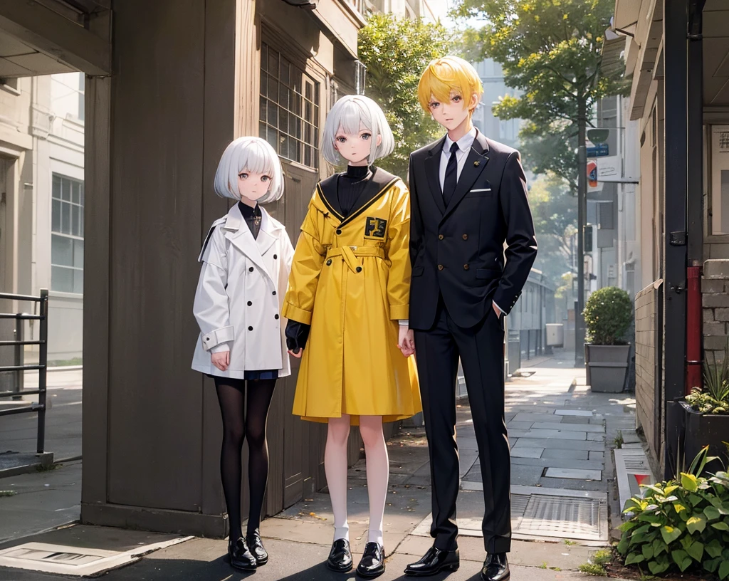 Yellow hair, dark white jacket, long dark blue hair, a girl, red eyes, light red T-shirt, and a boy, dark white jacket, dark hair, short hair, dark blue coat, tall, black shoes, two boys and girls standing in front of the school.