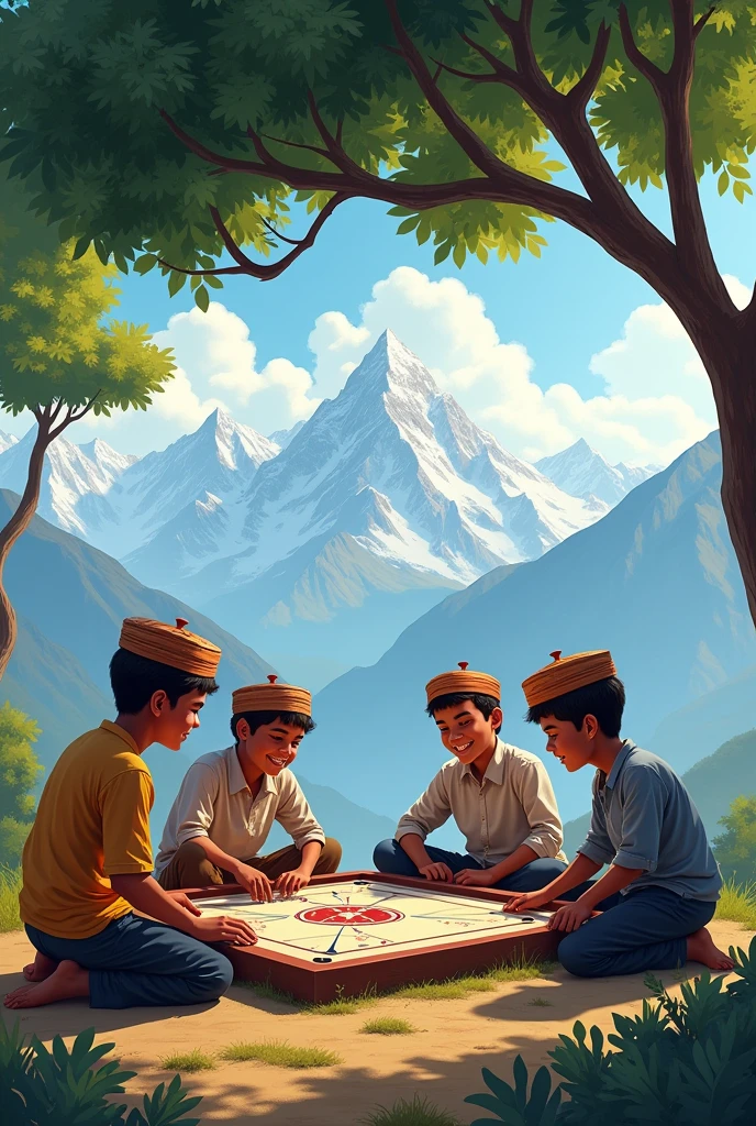 Playing carromboard 4 boys who wear Dhaka topi under tree background Nepal mountain 