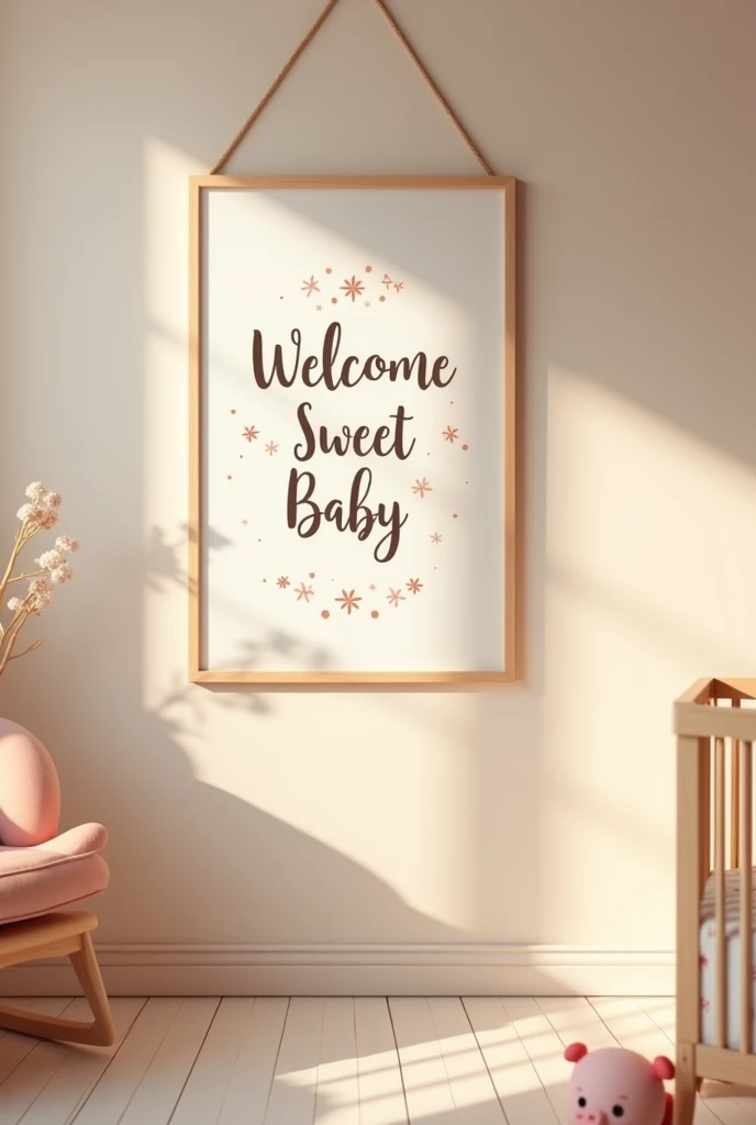 create an image in which poster on the wall and ''WELCOME SWEET BABY '' written on it