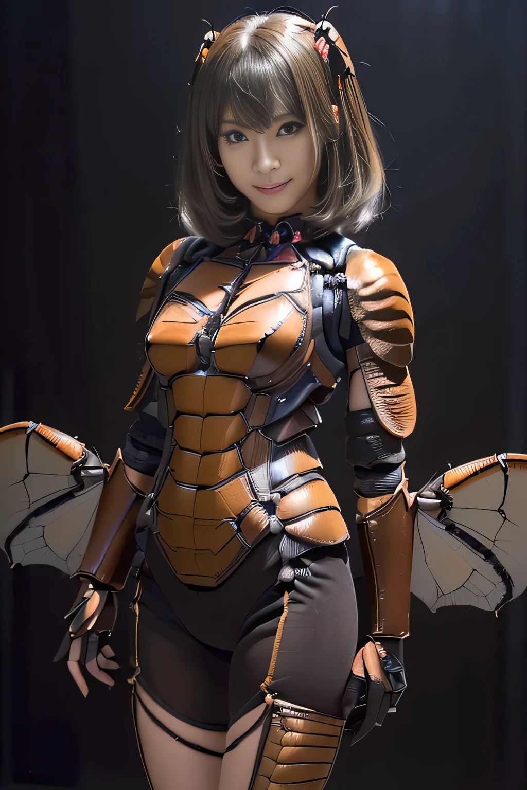 (high resolution,masterpiece,best quality,extremely detailed CG, anime, official art:1.4), realistic, photo, amazing fine details, all intricate, gloss and shiny,awesome many layers, 8k wall paper, 3d, sketch, kawaii, illustration,( solo:1.4), perfect female proportion,villainess, (fusion of dark brown cockroach and lady:1.4), (brown cockroach form lady:1.2), (brown cockroach lady:1.2), (fusion:1.2), (solo:1.4), (evil smile:1.2), muscular, abs, (cockroach brown exoskeleton bio insect suit:1.4), (cockroach brown exoskeleton bio insect armor:1.2), (brown transparency cockroach wing:1.4), (brown cockroach antennae:1.3),