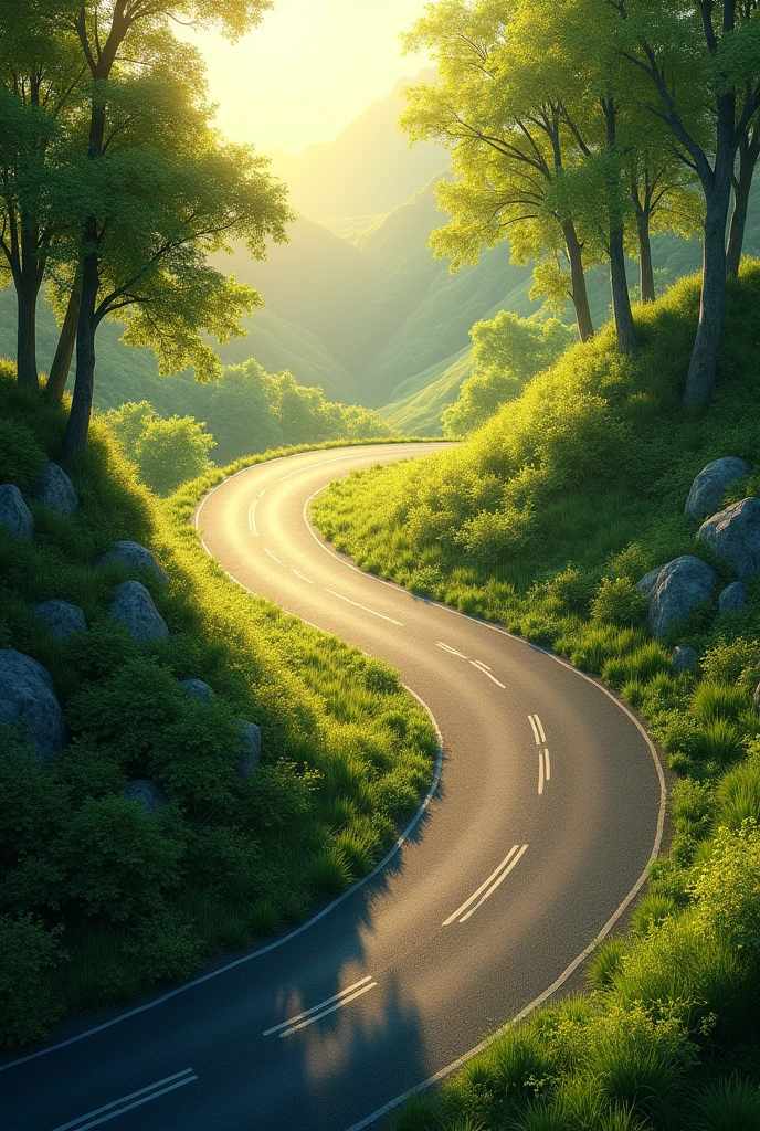 Top view of a curvy road on a sunny day,the road should go from the left of the screen to the right of the screen.the road should be surrounded by lush greenery