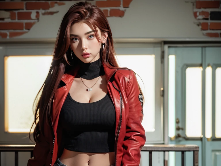 (masterpiece, best quality, 1 girl, solo, intricate details, chromatic aberration), realistic, ((medium breath)),long hair, red hair, red decoration on the head, pink highlights, amber eyes, earrings, sharp eyes, necklace, neon shirt, ripped shorts, unbuttoned jacket, turtleneck, night, against the wall, brick wall, graffiti, dim lighting, alley, look at the viewer