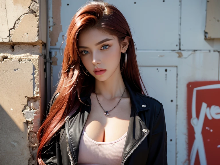 (masterpiece, best quality, 1 girl, solo, intricate details, chromatic aberration), realistic, ((medium breath)),long hair, red hair, red decoration on the head, pink highlights, amber eyes, earrings, sharp eyes, necklace, neon shirt, ripped shorts, unbuttoned jacket, turtleneck, night, against the wall, brick wall, graffiti, dim lighting, alley, look at the viewer