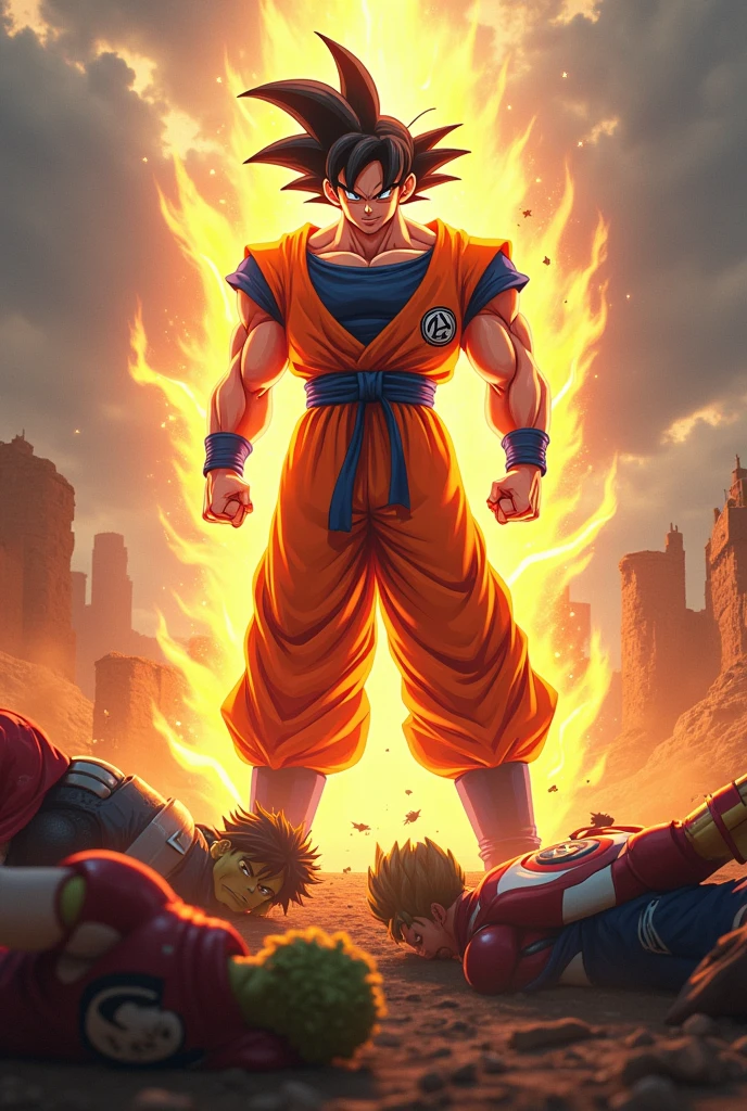 hình ảnh thực tế, Goku Ultra Instinct fights the Avengers, Goku chiến thắng, (thor) (the hulk) (iron man) (captain america) all lie at Goku's feet.