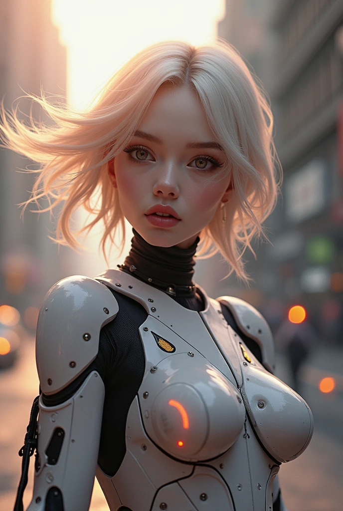 There is a woman in a robot suit posing for a picture, cyberpunk art ...