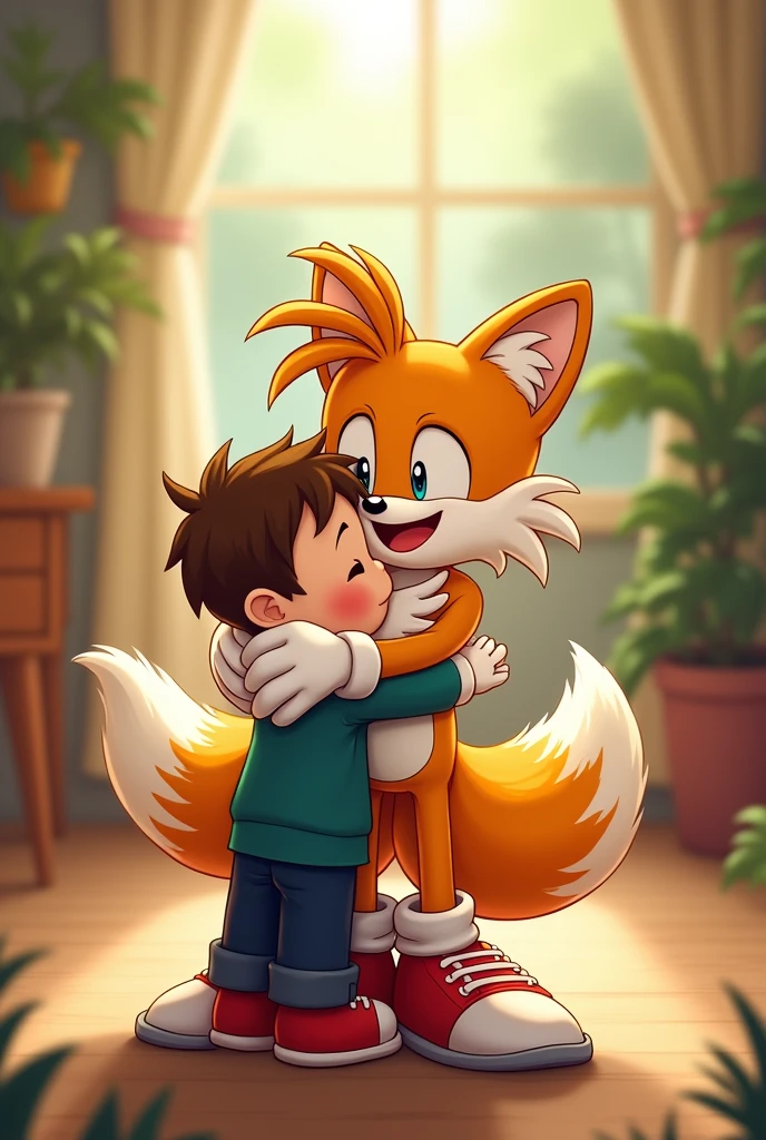 Tails happily hugging a younger boy with his shoes and gloves on tight 