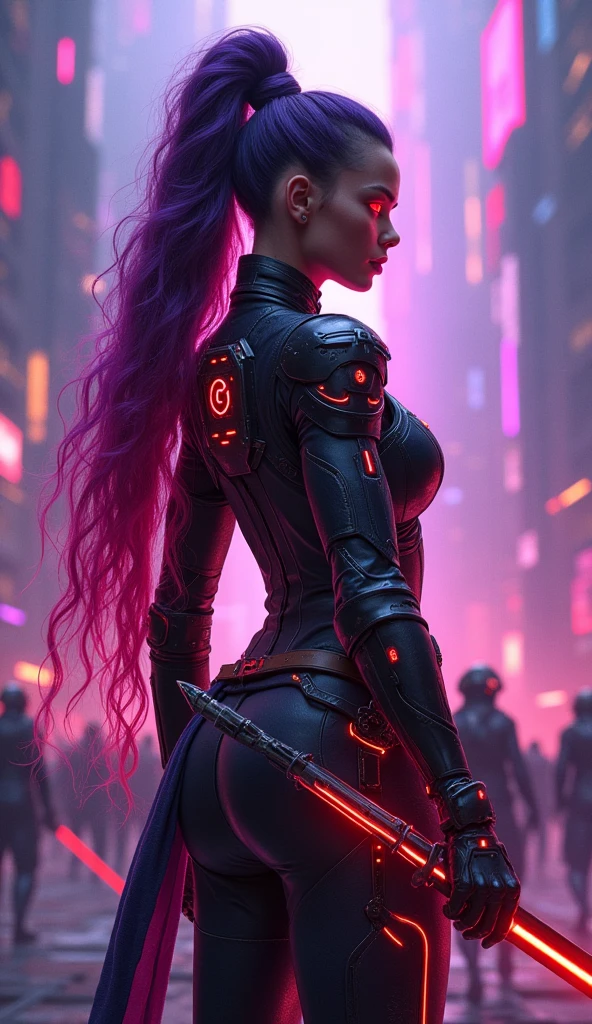 - **Hair:** Long and wavy with a deep purple color that grades to bright red at the tips.. Can be tied in a futuristic style, such as a high ponytail or a tech braid.
- **eye:** eye merah menyala dengan efek bercahaya, gives a sharp and mysterious impression.
- **Equipment:** Futuristic armor with a sleek and sophisticated design, combining purple with red accents. The armor has red energy panels that glow in some parts., add to the effect of strength and elegance.
- **Weapon:** A long sword with a red glowing blade, or a spear with a shiny red accent. The design can be futuristic with a glowing effect on the blade or tip of the weapon..
- **Accessory:** Gloves and shoulder guards with purple and red accents, as well as design elements such as red LED lights on the shoulder guards.. Also add a tiara or visor with purple and red details..
- **Background:** Futuristic battlefield with purple and red lighting, like in the middle of a cyberpunk city lit up with colored neon lights. Can include tall buildings with dramatic red and purple light effects..