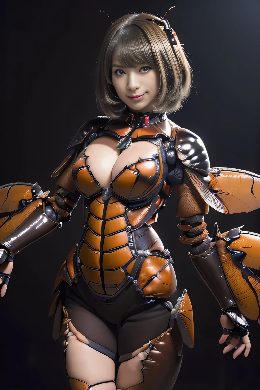 (high resolution,masterpiece,best quality,extremely detailed CG, anime, official art:1.4), realistic, photo, amazing fine details, all intricate, gloss and shiny,awesome many layers, 8k wall paper, 3d, sketch, kawaii, illustration,( solo:1.4), perfect female proportion,villainess, (fusion of dark brown cockroach and lady:1.4), (brown cockroach form lady:1.2), (brown cockroach lady:1.2), (fusion:1.2), (solo:1.4), (evil smile:1.2), muscular, abs, (cockroach brown exoskeleton bio insect suit:1.4), (cockroach brown exoskeleton bio insect armor:1.2), (brown transparency cockroach wing:1.4), (brown cockroach antennae:1.3),