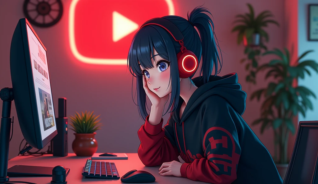 Create a image of "A 18 years anime girl with headphones sitting in front of a computer desk with a microphone, wearing black and red hoodie. The background includes a large YouTube logo on the wall, potted plants on either side, and various recording equipment."