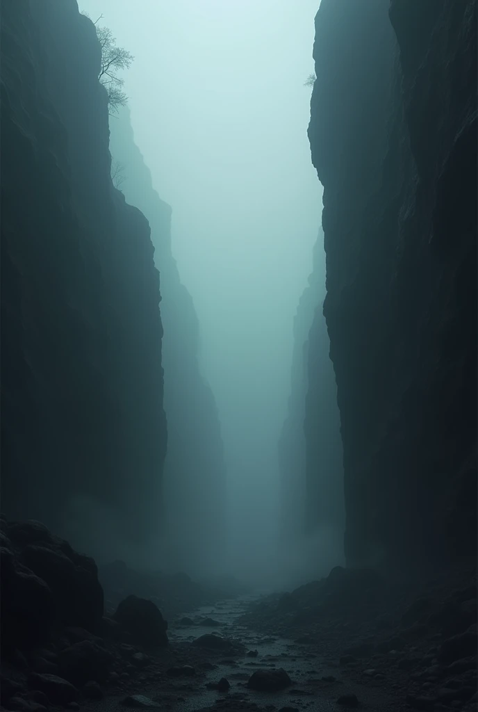 A dark foggy canyon with width 1 metre