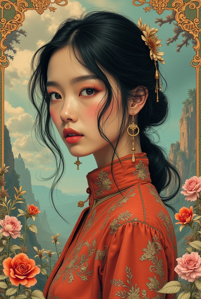Create a creative arts design, hand-made collage style, inspired by the art of Moebius using a collage technique, ((the words "Gucci or The Girl" written within it)), korean woman, 