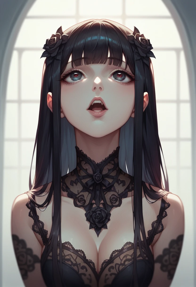 score_9, score_8_up, score_7_up, score_6_up, beautiful girl, Black sheer lace, beautiful eyes, detailed eyes, teeth, bangs, beautiful face, Gothic ta Fashion,　Looking up,　Mouth half open , dramatic lighting, deep shadows
