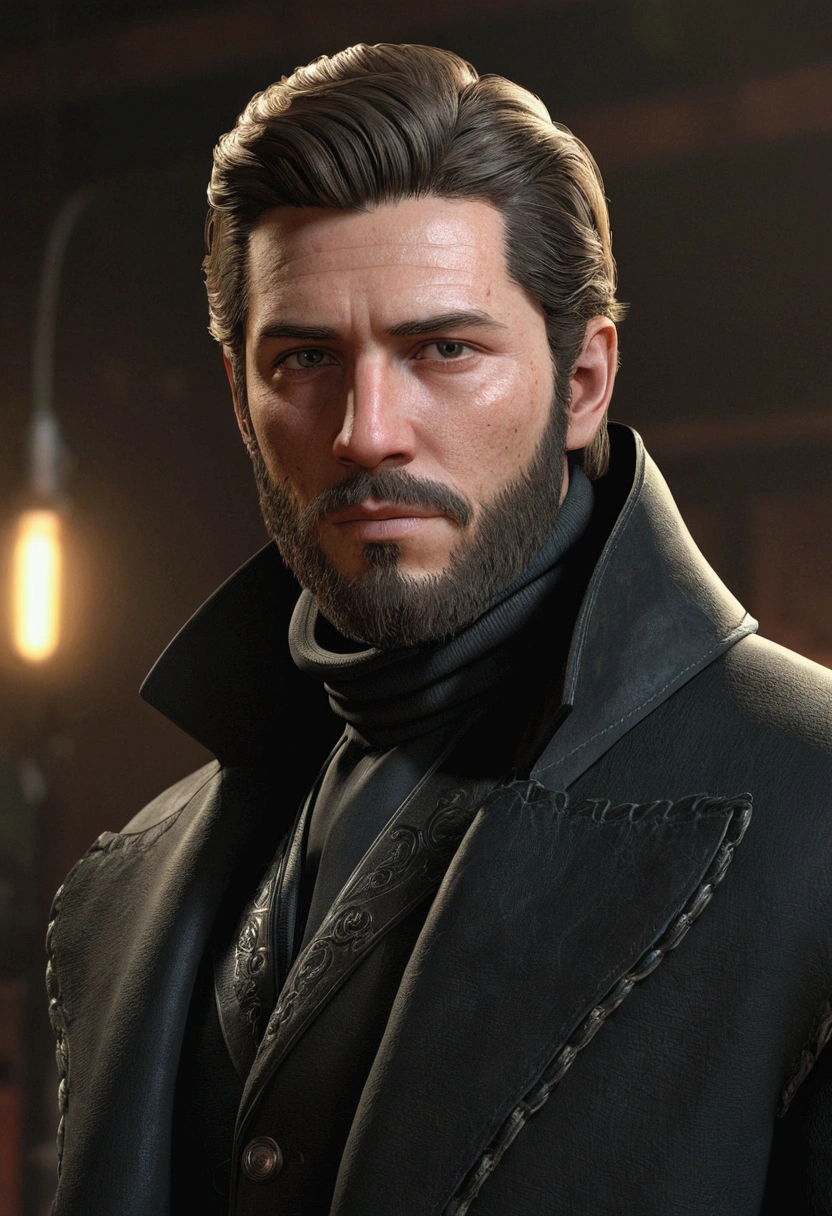 1boy, cowboy shot of re8dfield, beard, facial hair, black coat, turtleneck, volumetric lighting, best quality, masterpiece, intricate details, tonemapping, sharp focus, hyper detailed, trending on Artstation, looking at viewer, realistic