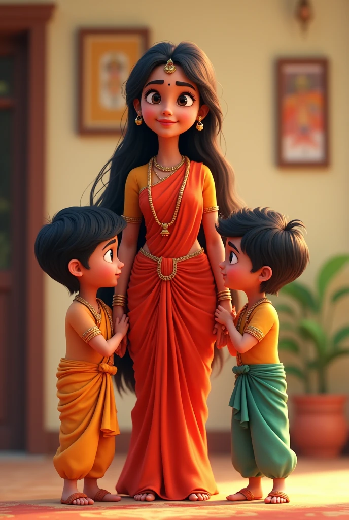 Hindu mother with two sons, create like animation with husband