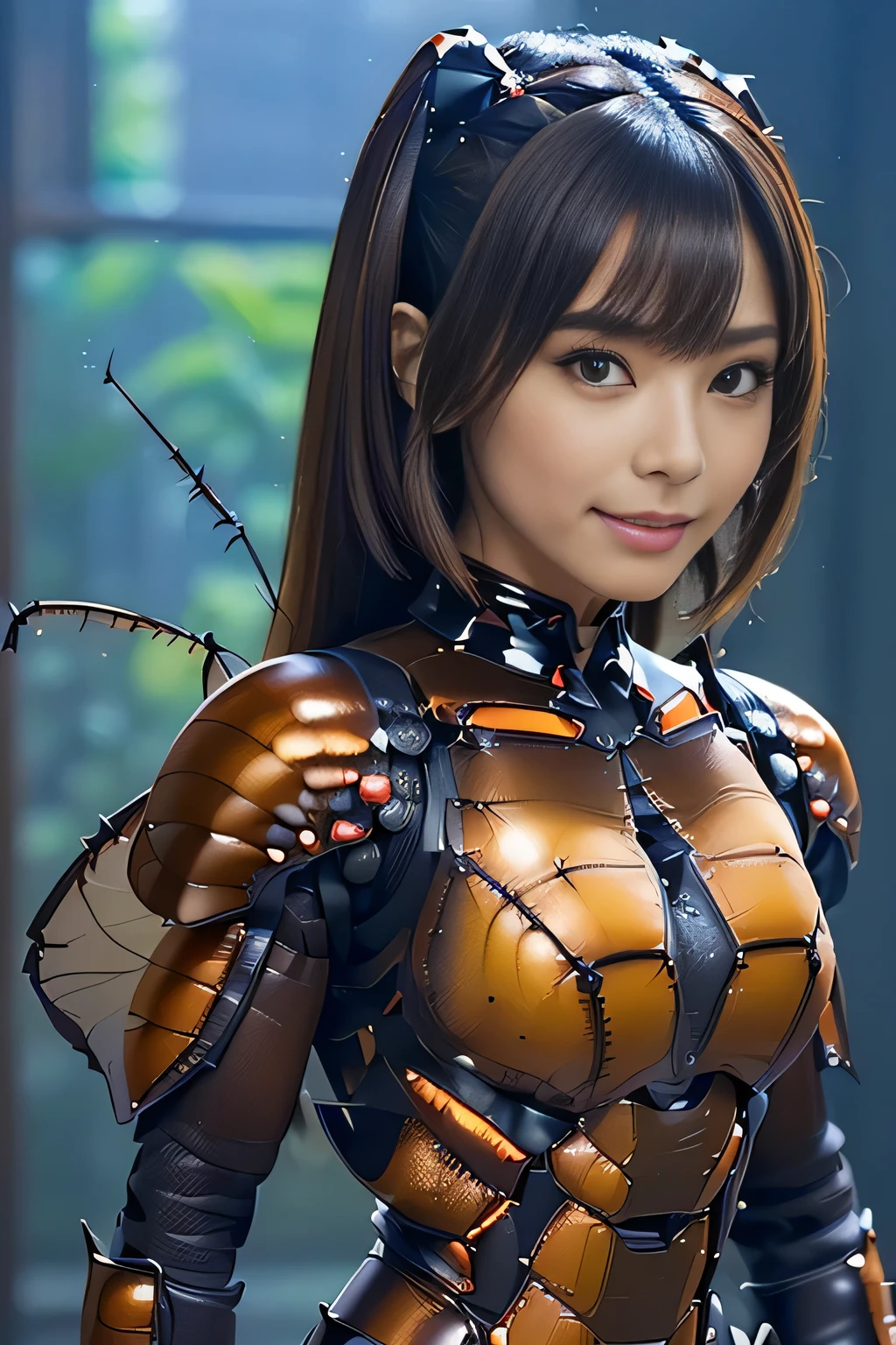(high resolution,masterpiece,best quality,extremely detailed CG, anime, official art:1.4), realistic, photo, amazing fine details, all intricate, gloss and shiny,awesome many layers, 8k wall paper, 3d, sketch, kawaii, illustration,( solo:1.4), perfect female proportion,villainess, (fusion of dark brown cockroach and lady:1.4), (brown cockroach form lady:1.2), (brown cockroach lady:1.2), (fusion:1.2), (solo:1.4), (evil smile:1.2), muscular, abs, (cockroach brown exoskeleton bio insect suit:1.4), (cockroach brown exoskeleton bio insect armor:1.2), (brown transparency cockroach wing:1.4), (brown cockroach antennae:1.3),