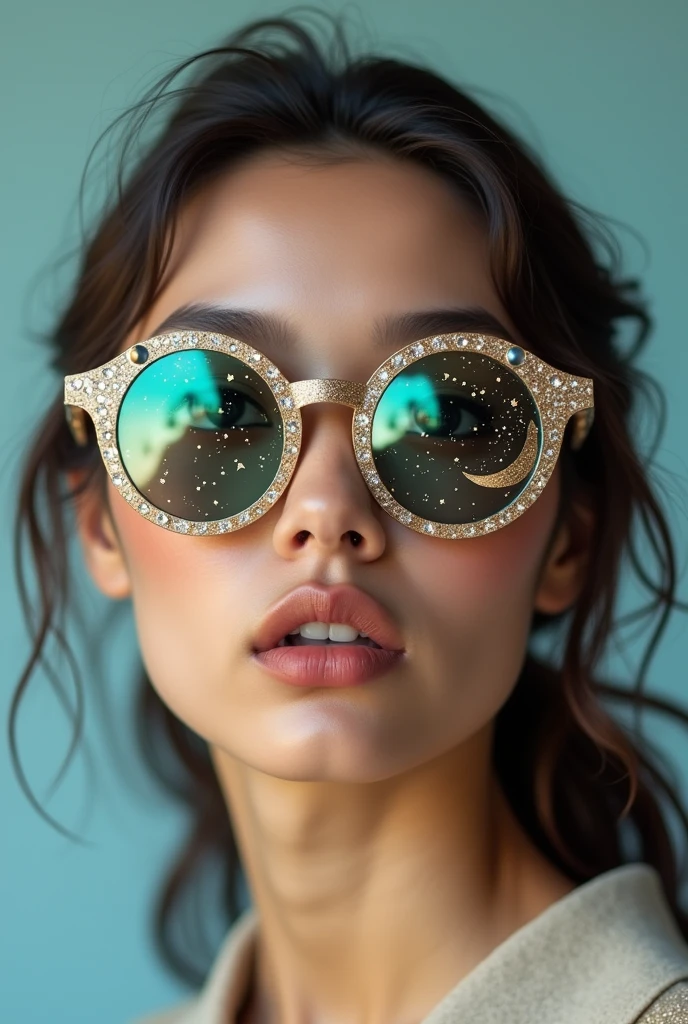 The model is wearing glass sunglasses with stars and the moon on the glass