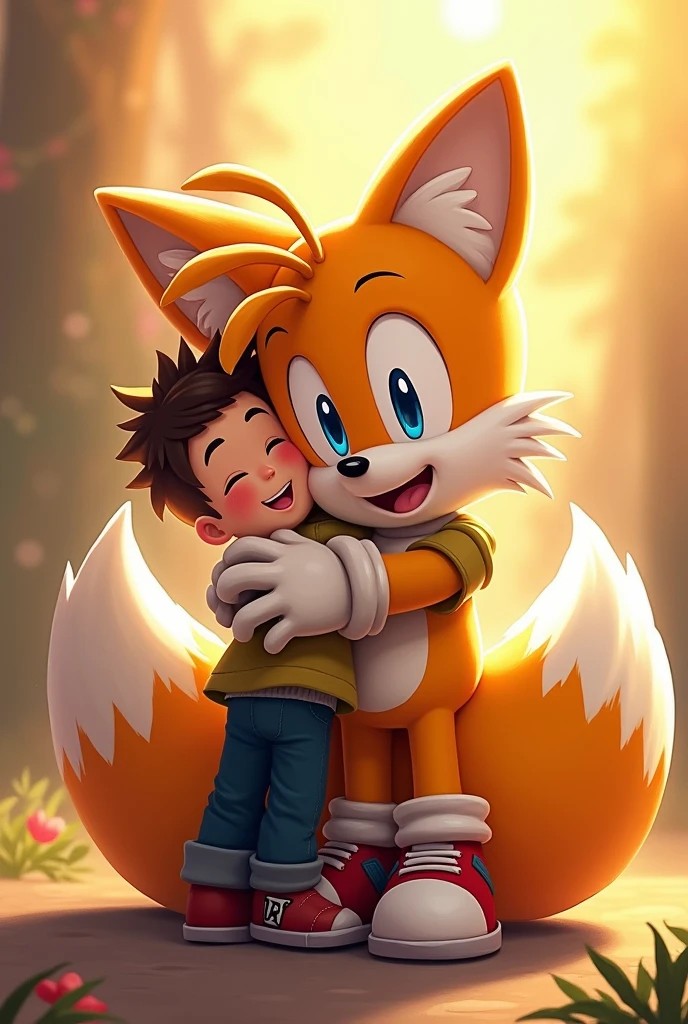 Tails happily hugging a younger boy with his shoes and gloves on