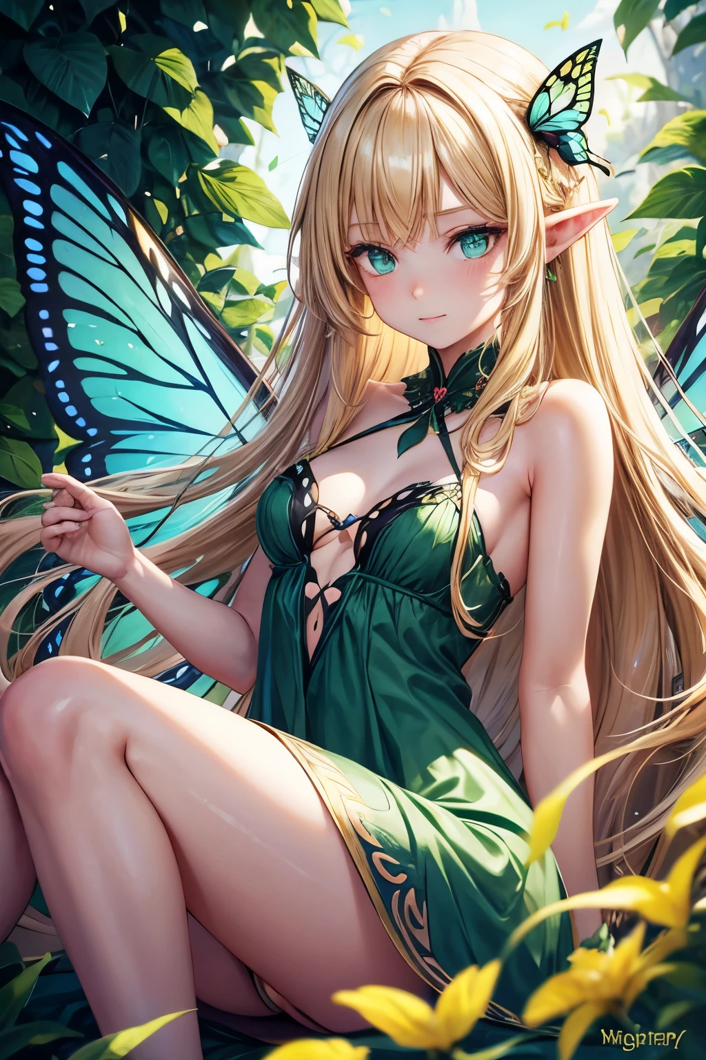 long blonde hair, green eyes, pointed ears, girl, butterfly wings, naughty, fairy, dress