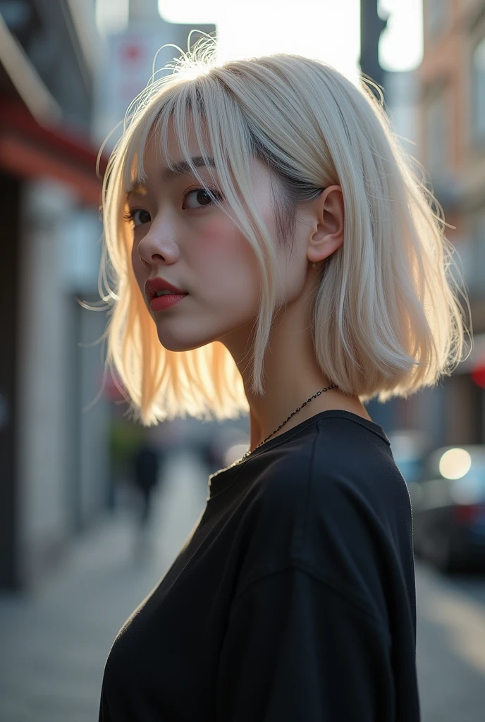 Side view,(8k, RAW Photos, Highest quality, masterpiece:1.2),Natural light,Small breasts,(Real human skin,Detailed skin:1,4),Upper body photo,((Flat Hair,Straight short bob hair,Bleached Hair,Transparent bangs:1,6)),Black Shirt,Japanese、beautiful、Realistic skin texture、Street Snap、1、round face、