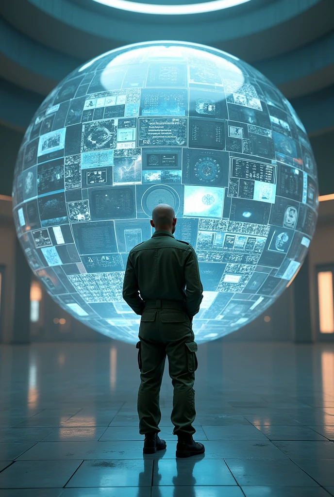 floating transparent sphere full of technological screens each with different images, and a bald man dressed in modern military green overalls on the side and outside of that sphere looking at her